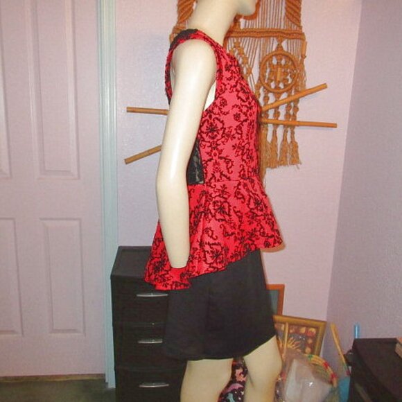 Vtg Y2K Flocked Velvet Peplum Pencil Mini Dress Size S Sheer Lace Bodycon Baddie - Picture 6 of 12